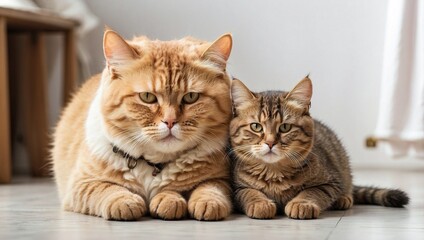 Fototapeta premium Playful Chubby Cat Leans on Friend Cat Resting on White