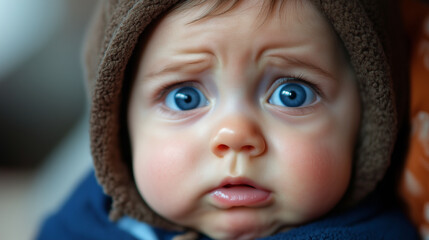 Płaczący niemowlak w samolocie, co podkreśla wyzwania związane z komfortem podczas podr&oacute;ży lotniczych.