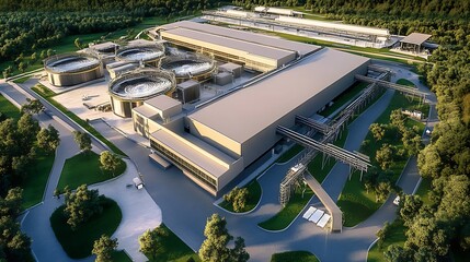 Aerial View of Modern Industrial Plant with Advanced Cooling Towers : Generative AI