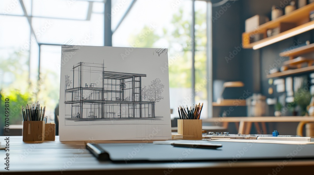 Aufkleber a workspace featuring architectural sketches and design tools for creative projects.