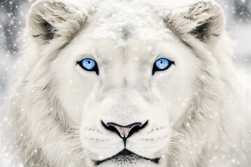 Close-up of white lion with blue eyes in snow