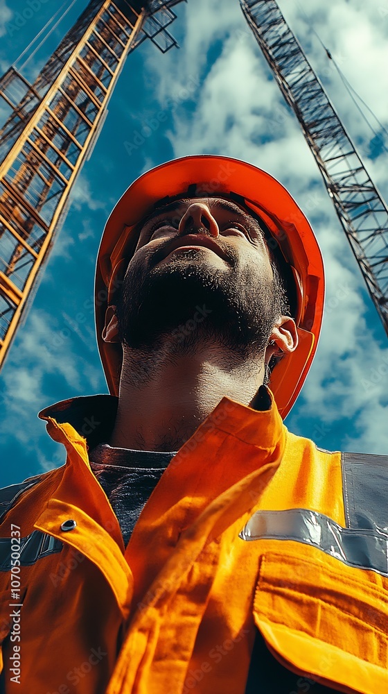 Aufkleber construction worker in orange protective gear with a towering crane against a clear sky background :
