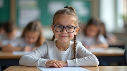 Little first grade girl wearing glasses smiling during a lesson at school.