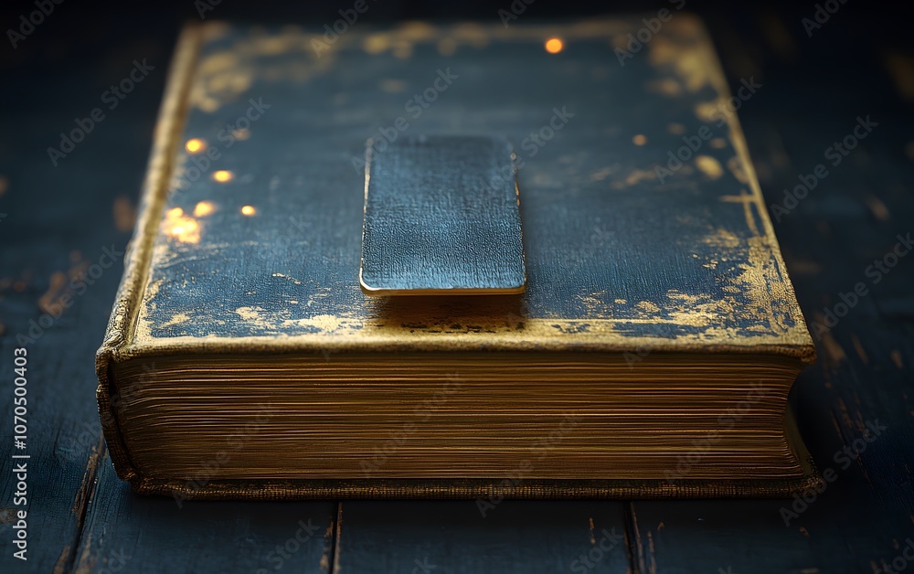 Poster a weathered book with a metallic clasp resting on a textured surface.