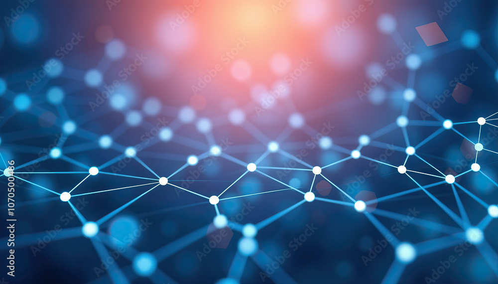 Poster blue glowing network nodes connected by lines with bright light effect digital network concept