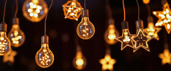 Magical Festive Lights. Beautiful festive garland of many glass lamps of different shapes: stars and balls of different sizes. Beautiful festive background.