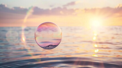 A bubble floating in the ocean at sunset. The bubble is surrounded by a beautiful, colorful sky