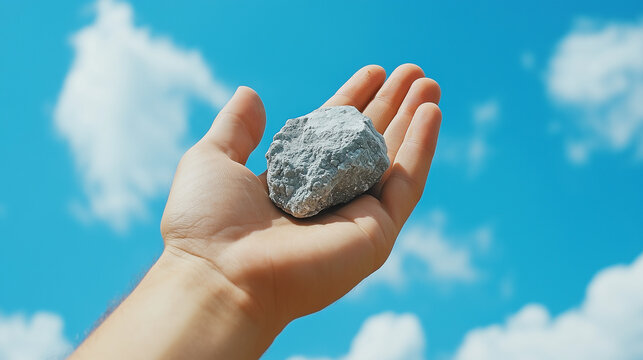 Ręka trzymająca rudę litu wyr&oacute;żnia się na tle jasnego, niebieskiego nieba, ilustrując kluczową rolę, jaką odgrywa lit w przemyśle energetycznym. 