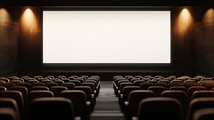 Fototapeta premium A modern, empty cinema with rows of seats facing a large, bright screen, suitable for watching films in a cozy environment.