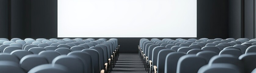 Fototapeta premium A modern cinema hall with rows of empty seats facing a large blank screen, creating an inviting yet quiet atmosphere.