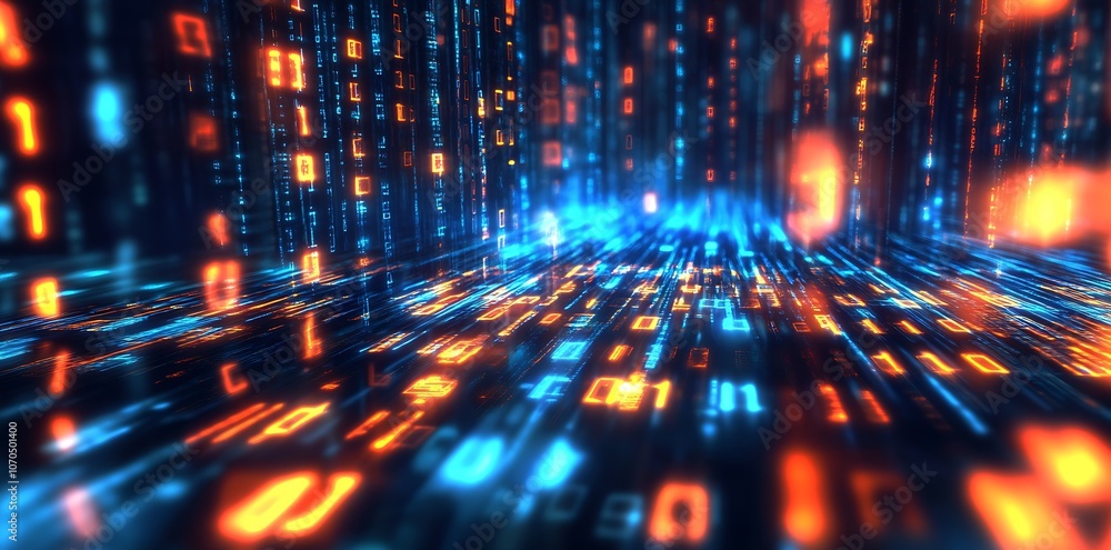 Poster Futuristic Digital Code Data Stream in Blue and Orange Colors for Technology Backgrounds : Generative AI