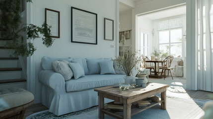 Cozy Minimalist Cottage-Style Living Room with Soft Blue Sofa, Rustic Wooden Coffee Table, and Natural Light for a Relaxed, Airy Ambiance