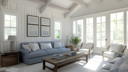 Cozy Minimalist Cottage-Style Living Room with Soft Blue Sofa, Rustic Wooden Coffee Table, and Natural Light for a Relaxed, Airy Ambiance