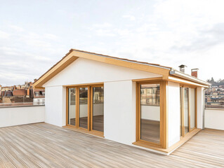 Modern rooftop terrace with wooden accents in a city setting during daytime