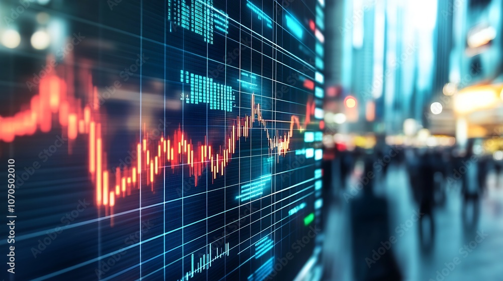 Poster stock market chart with fluctuating red trend line in urban setting : generative ai