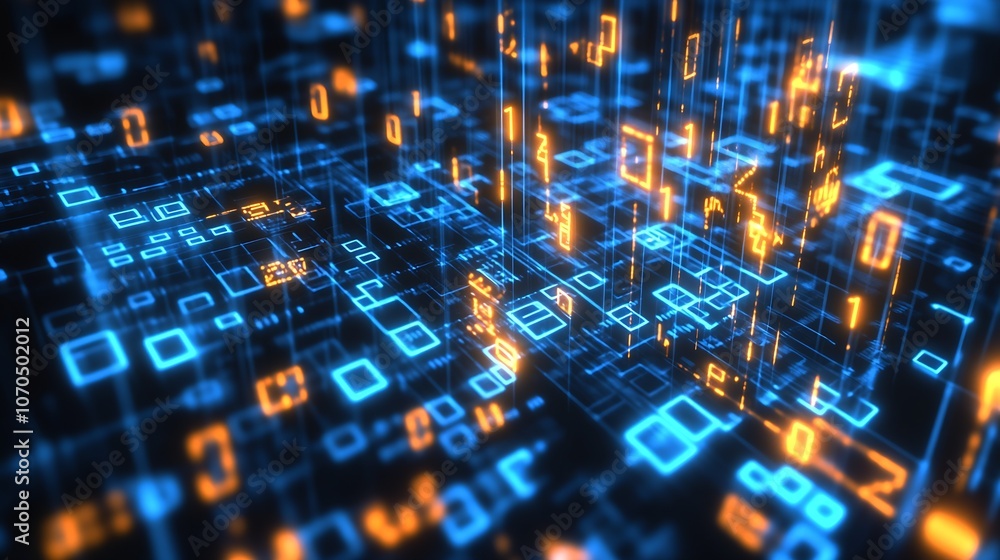 Poster Futuristic Digital Binary Code Data Stream with Dynamic Blue and Orange Lights : Generative AI