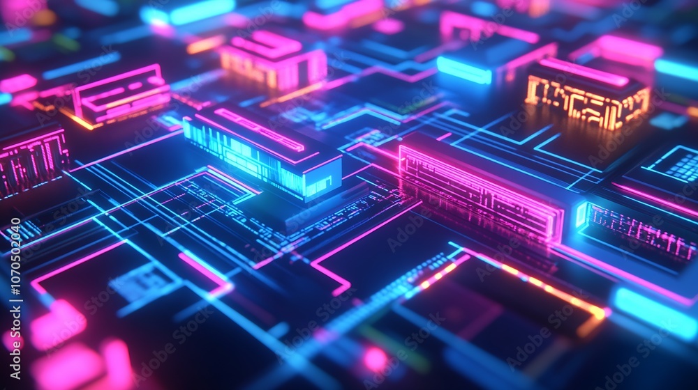 Poster futuristic neon glowing circuit board with vibrant colors showcasing digital technology : generative