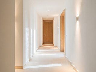 Bright and spacious hallway in a modern home with wooden doors and soft lighting