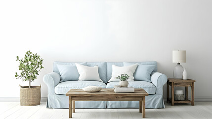 Cozy Minimalist Cottage-Style Living Room with Soft Blue Sofa, Rustic Wooden Coffee Table, and Natural Light for a Relaxed, Airy Ambiance