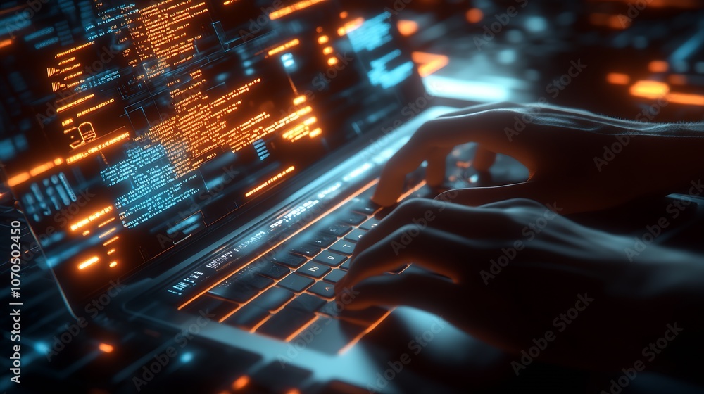 Poster Cybersecurity Expert Typing Code on Laptop with Futuristic Digital Interface and Data Visualization : Generative AI