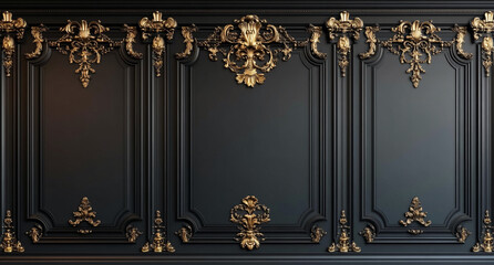 A black wall with ornate gold trim. The wall is divided into three sections with a large, intricate gold design in the center. The wall is perfect for a luxurious setting