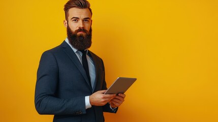 Businessman in Suit Holding Tablet Against Yellow Background