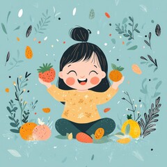 A happy child eating colorful fruits and vegetables, cheerful and simple cartoon style