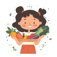 A happy child eating colorful fruits and vegetables, cheerful and simple cartoon style