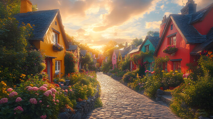Obraz premium A vibrant springtime image of an Irish village, with colorful houses and blooming gardens along a cobblestone street, under a sky of scattered clouds and bright sunbeams filtering through.