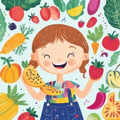 A happy child eating colorful fruits and vegetables, cheerful and simple cartoon style