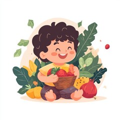 A happy child eating colorful fruits and vegetables, cheerful and simple cartoon style