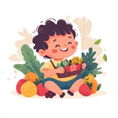 A happy child eating colorful fruits and vegetables, cheerful and simple cartoon style