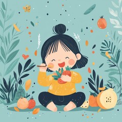 A happy child eating colorful fruits and vegetables, cheerful and simple cartoon style