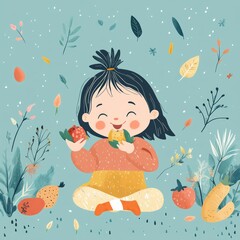 A happy child eating colorful fruits and vegetables, cheerful and simple cartoon style