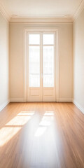 Fototapeta premium Bright and minimalistic empty room with wooden floor and large windows letting in sunlight