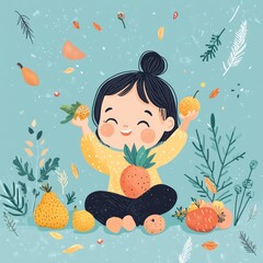 A happy child eating colorful fruits and vegetables, cheerful and simple cartoon style