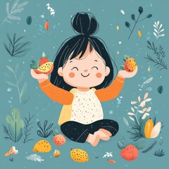 A happy child eating colorful fruits and vegetables, cheerful and simple cartoon style