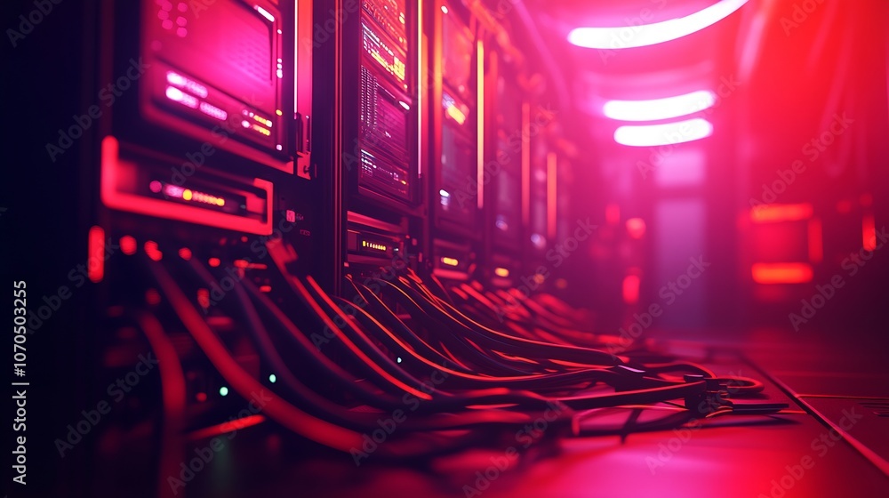 Poster Futuristic Data Center Server Room with Glowing Red Technology Vibes : Generative AI