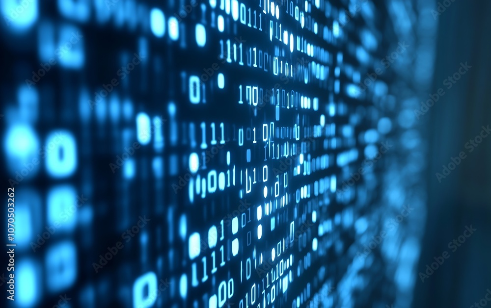 Poster Digital Binary Code Streams Flowing in Blue High-Tech Background : Generative AI