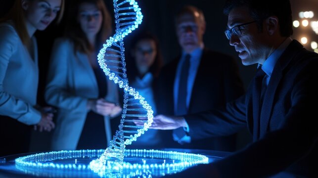A group observes a glowing DNA model during a scientific presentation.