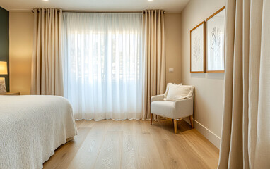 Bright and modern bedroom with cozy decor, large windows, and soft natural light