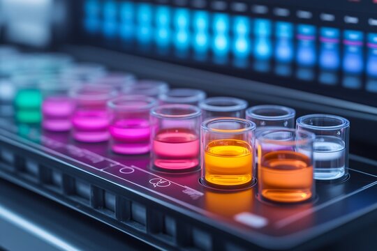 A laboratory table covered with advanced drug-testing equipment, with glowing petri dishes, digital interfaces displaying test results, and molecular diagrams.