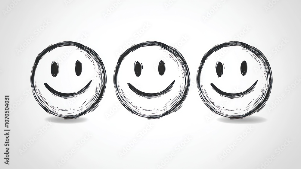 Poster Three simple smiley faces with varying expressions on a light background.