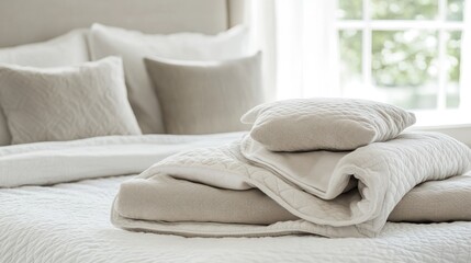 A neatly arranged bed with soft pillows and blankets in a cozy, inviting atmosphere.