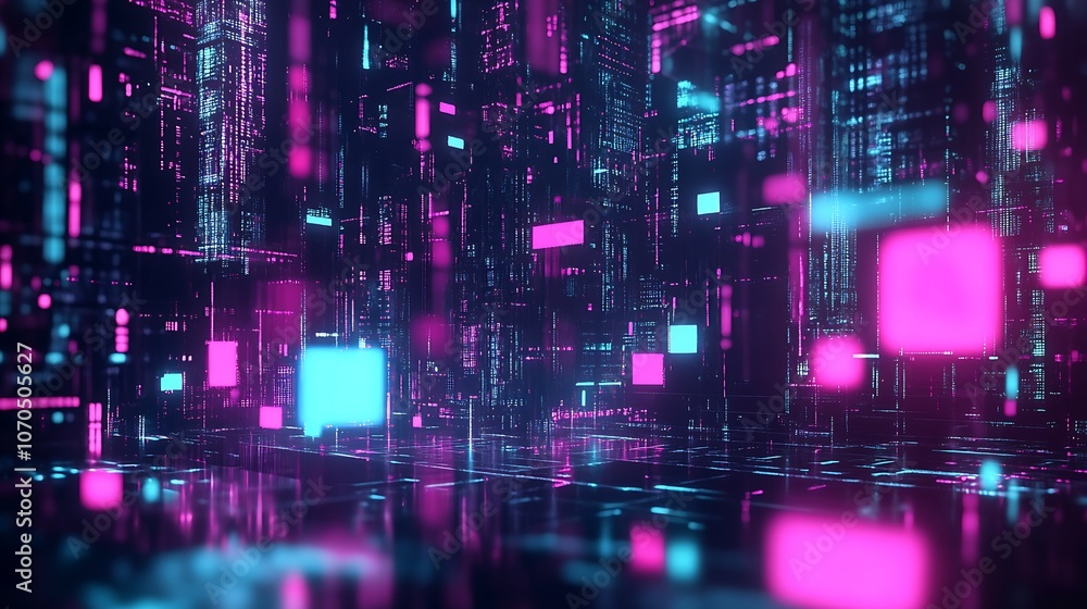 Poster Futuristic Digital Cityscape with Neon Lights and Virtual Reality Theme : Generative AI