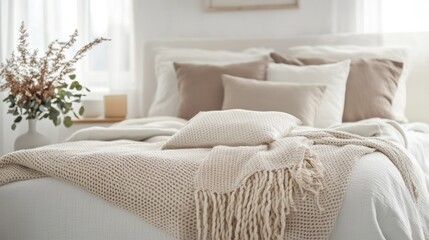 A cozy, well-decorated bed with neutral tones and decorative pillows.