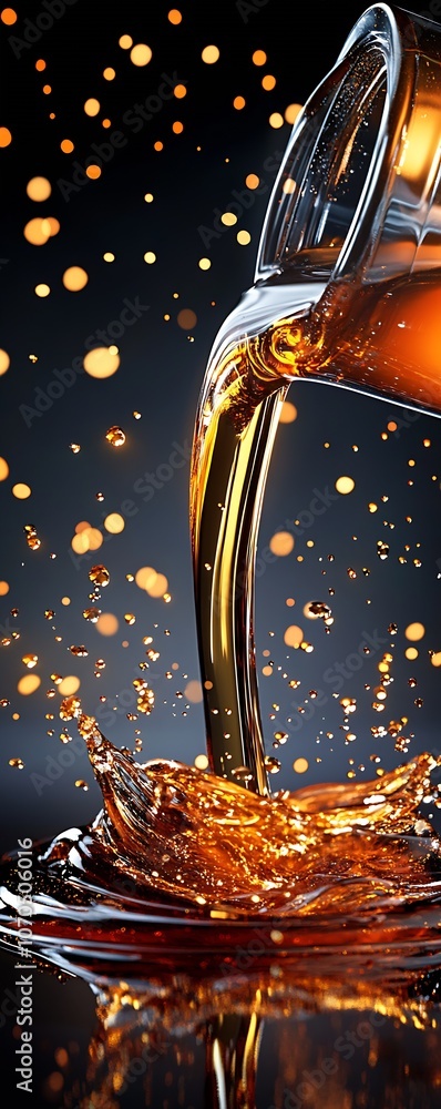 Poster Closeup of Dynamic Splashing Cola in Glass with Golden Bokeh Sparks : Generative AI