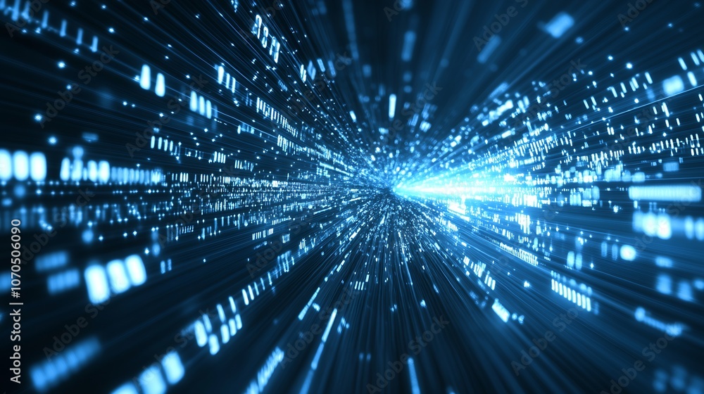 Aufkleber Abstract blue digital data streams flowing through cyberspace with binary code and light effects : Generative AI