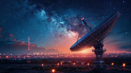 A satellite dish illuminated at night, directed towards a glowing Earth, revealing a dazzling cosmic backdrop of stars and a vibrant city skyline