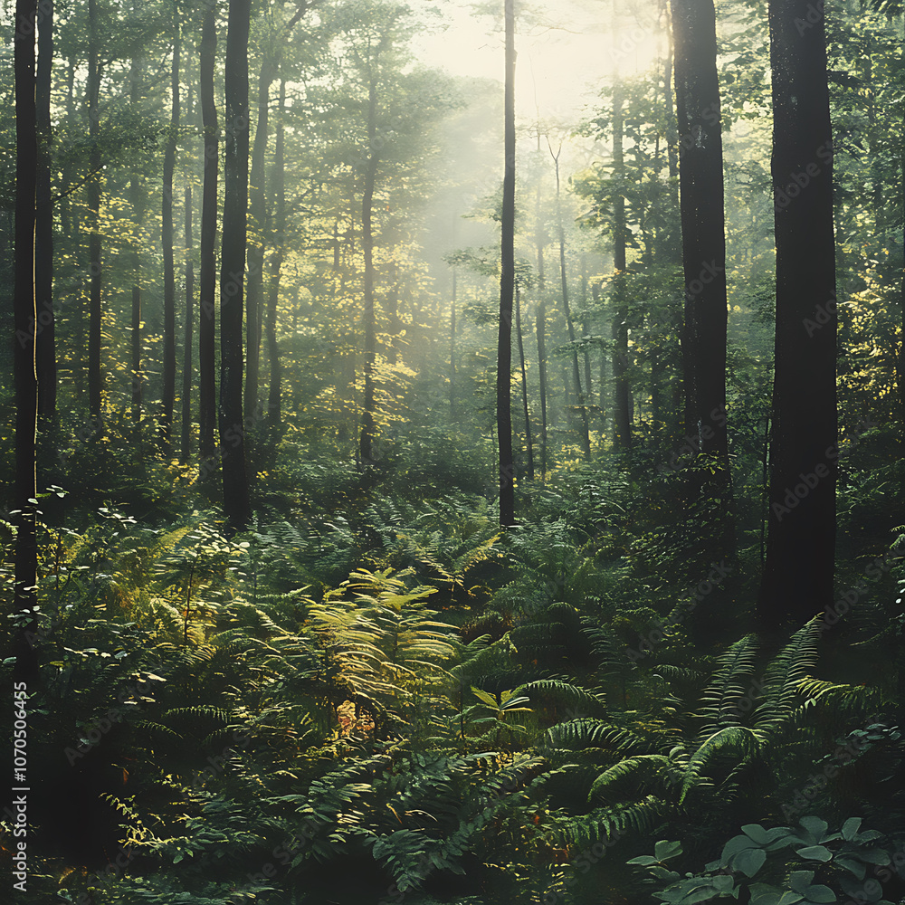 Poster serene forest filled with lush ferns and tall trees, illuminated by soft sunlight filtering through 